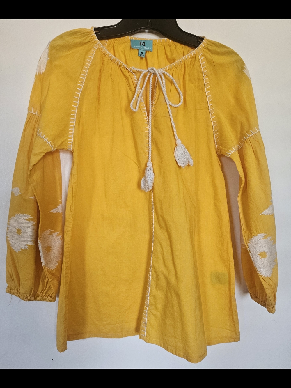South Main Top Blouse Yellow Embroidered Tie-Neck Peasant Tunic Long Sleeves